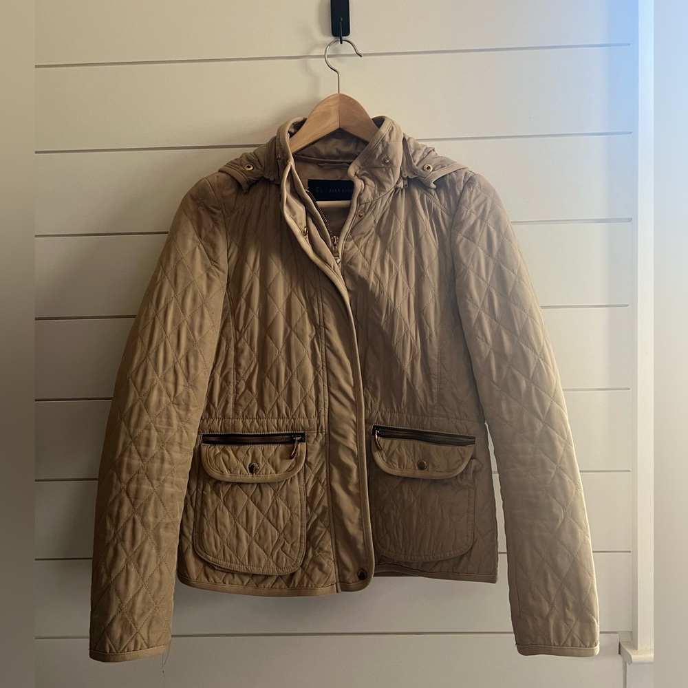 Zara light tan / lightweight zip up jacket with removable hood size small